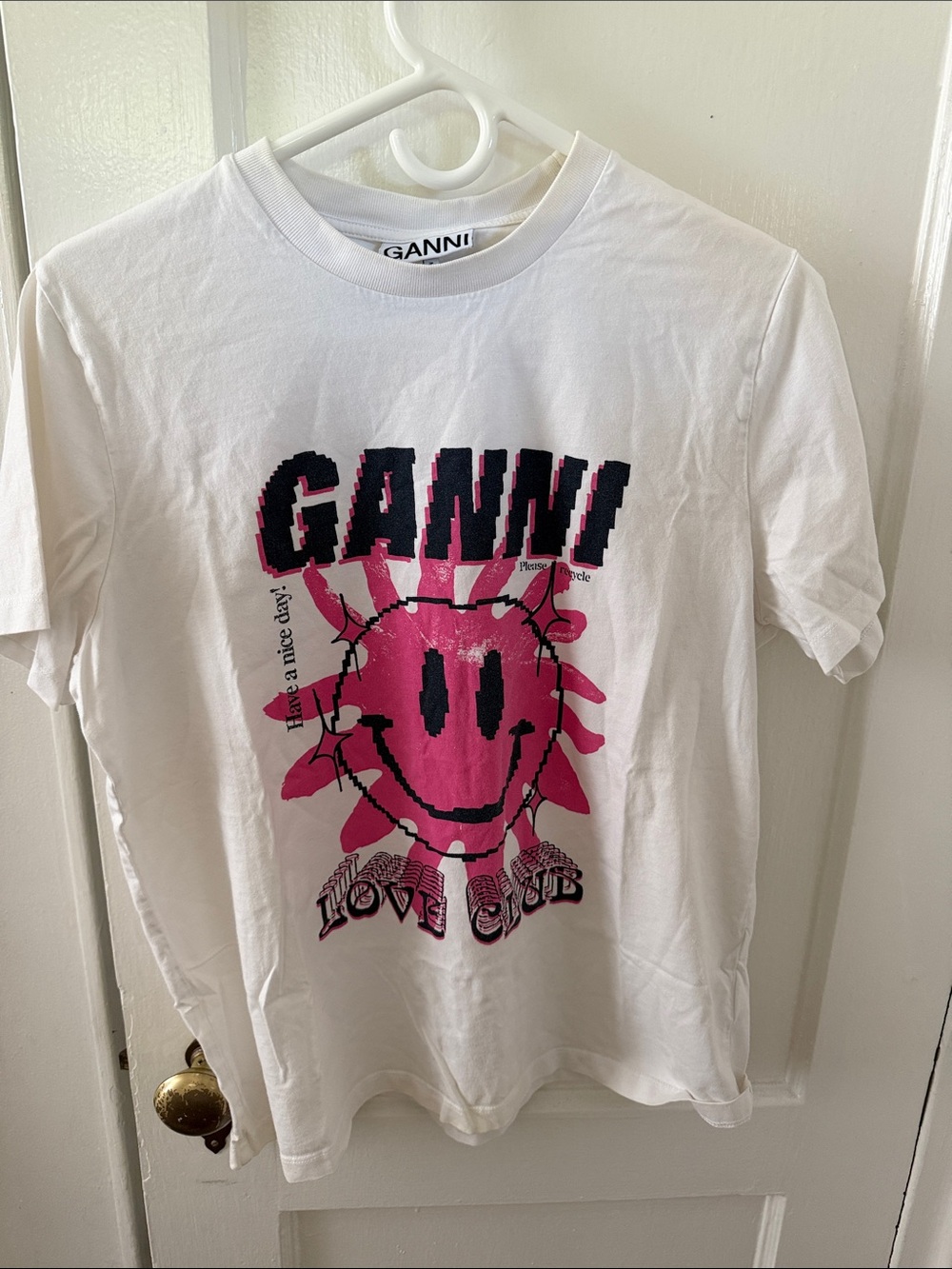Ganni White Tee with Hot Pink Graphic Sun and Black Logo